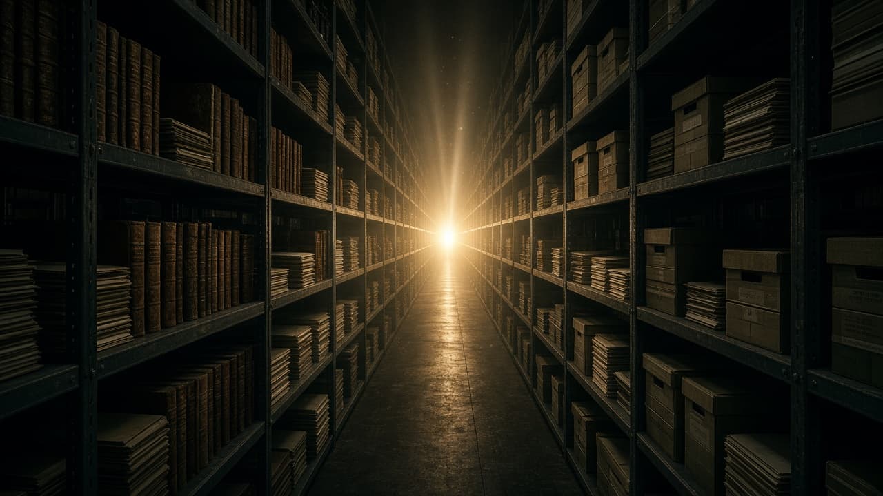 A long archive aisle of ledgers, lit from the far end.